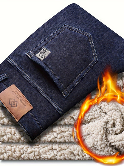 Men's Classic Fleece-Lined Straight-Leg Jeans - Warm, Stretch Denim for Fall/Winter