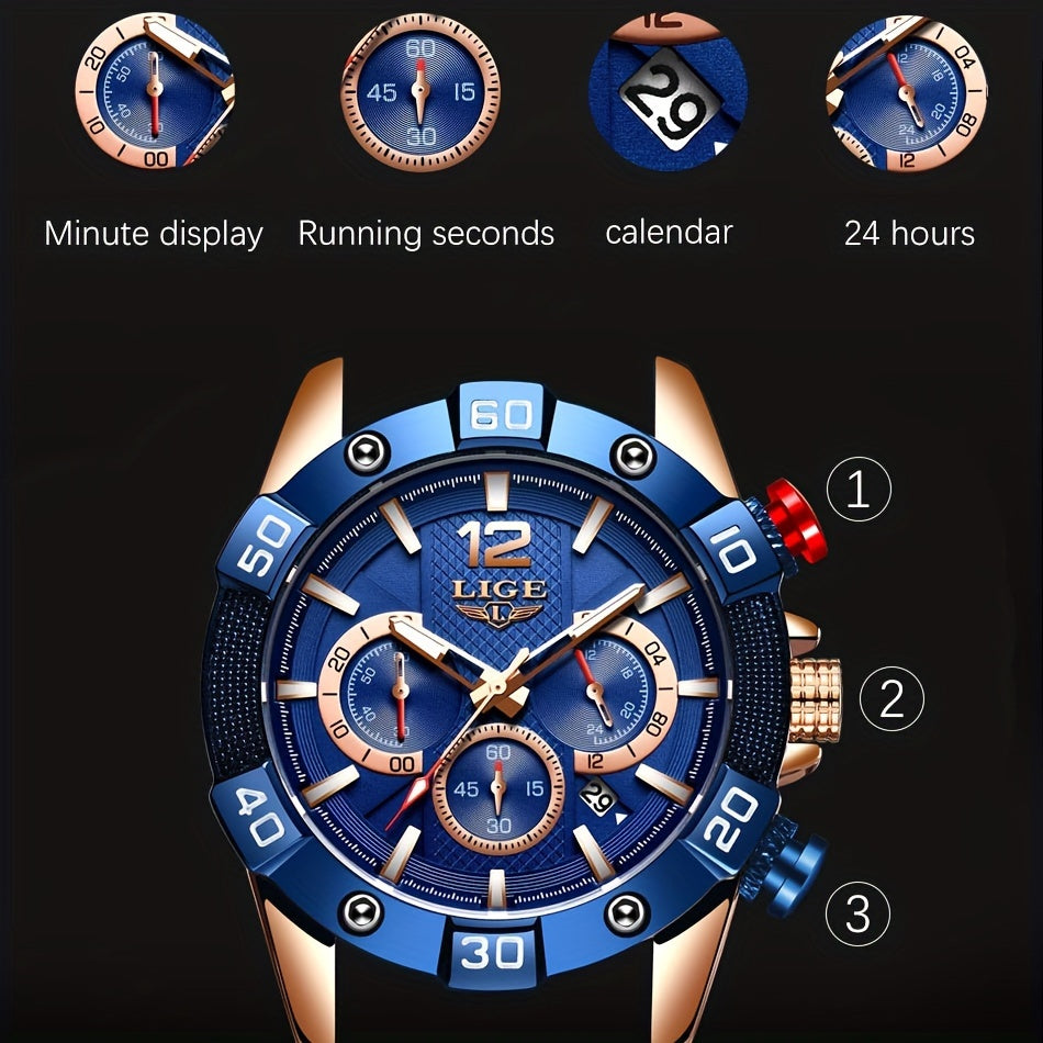 1pc LIGE Men'S Luxury Quartz Watch with Calendar, Chronograph, Sports Style, Round Dial, Analog Display, Silicone Strap, Zinc Alloy Case, Non-Precious Metal, Water Resistant, Battery Powered