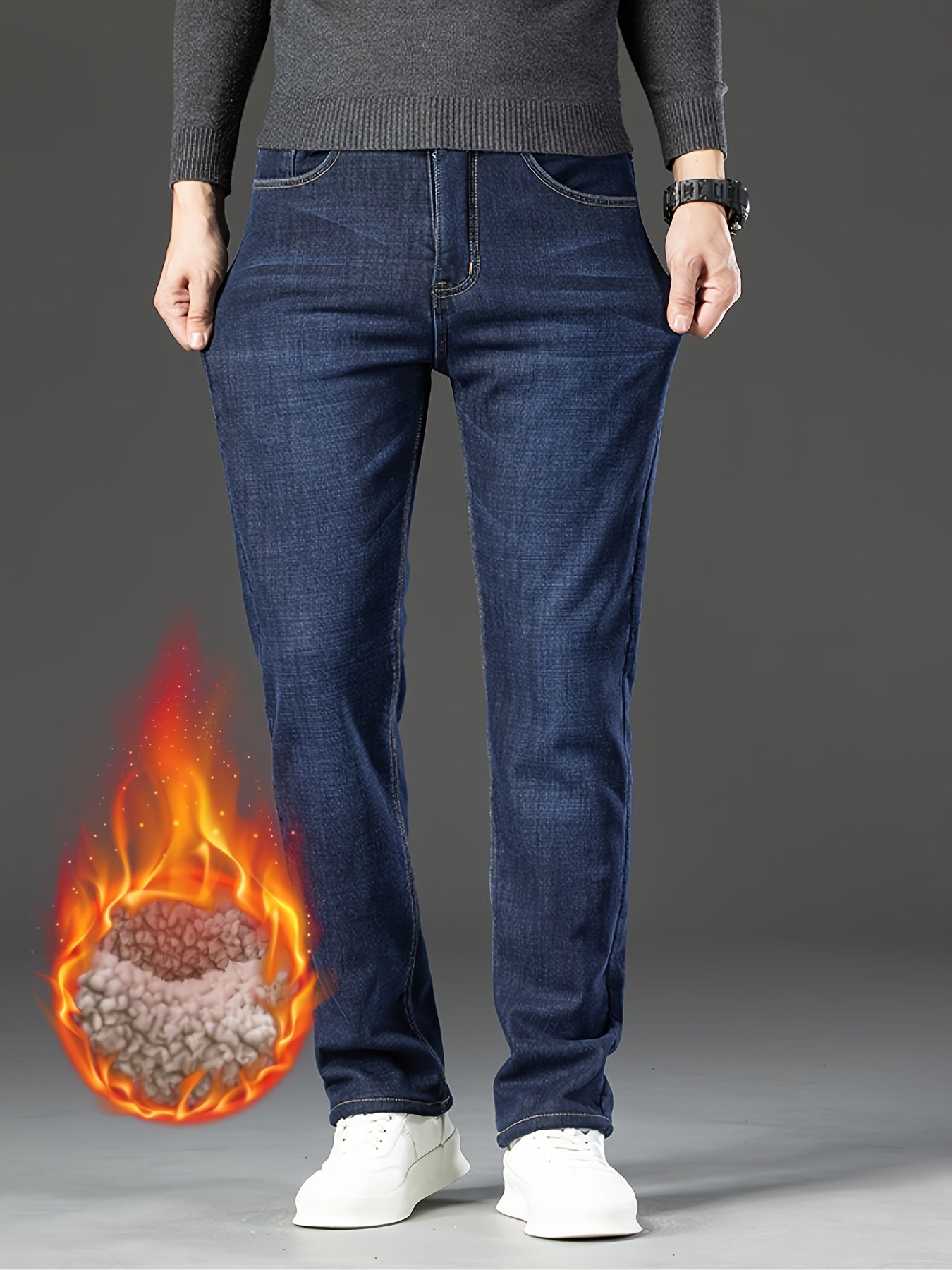 Men's Winter Warm Fleece-Lined Jeans, Thickened Stretch Straight-Leg Denim Pants