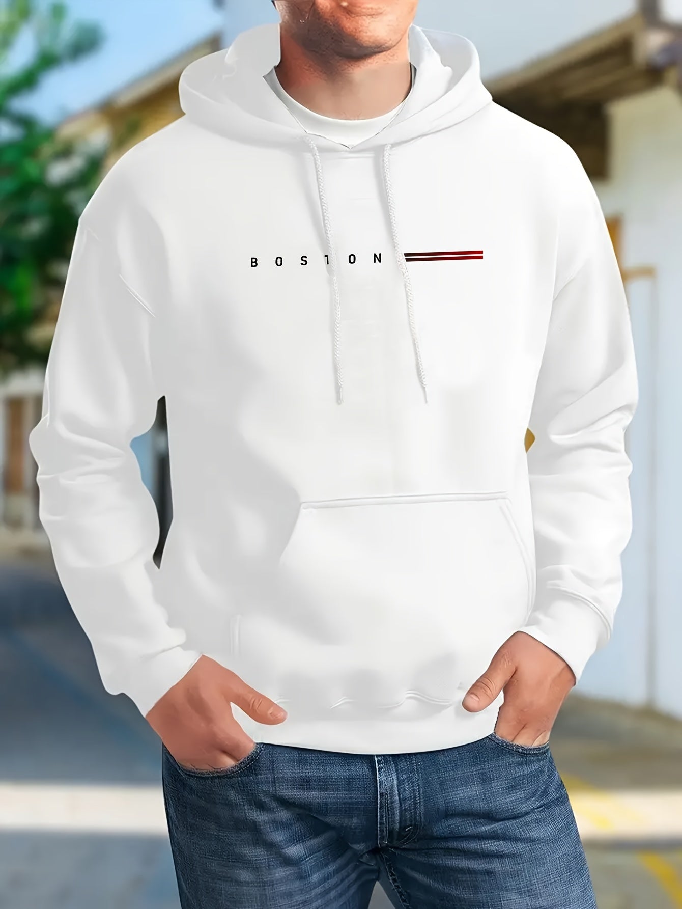 1pc Boston City Cool Minimalist Letter Print Men'S Hoodie with Kangaroo Pocket, Long Sleeve Casual Sports Pullover for Autumn/Winter, Comfortable Loose Fit Fashion Hooded Sweatshirt, Streetwear Trendy Pullover Hoodie