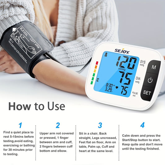 Sejoy Arm Blood Pressure Monitors For Home Use Upper Arm, Accurate Cuff Monitor With Back-light Display 2 Users 120 Sets Memory & HR Detection, Digital BP Machine With Carrying Case (with Battery)