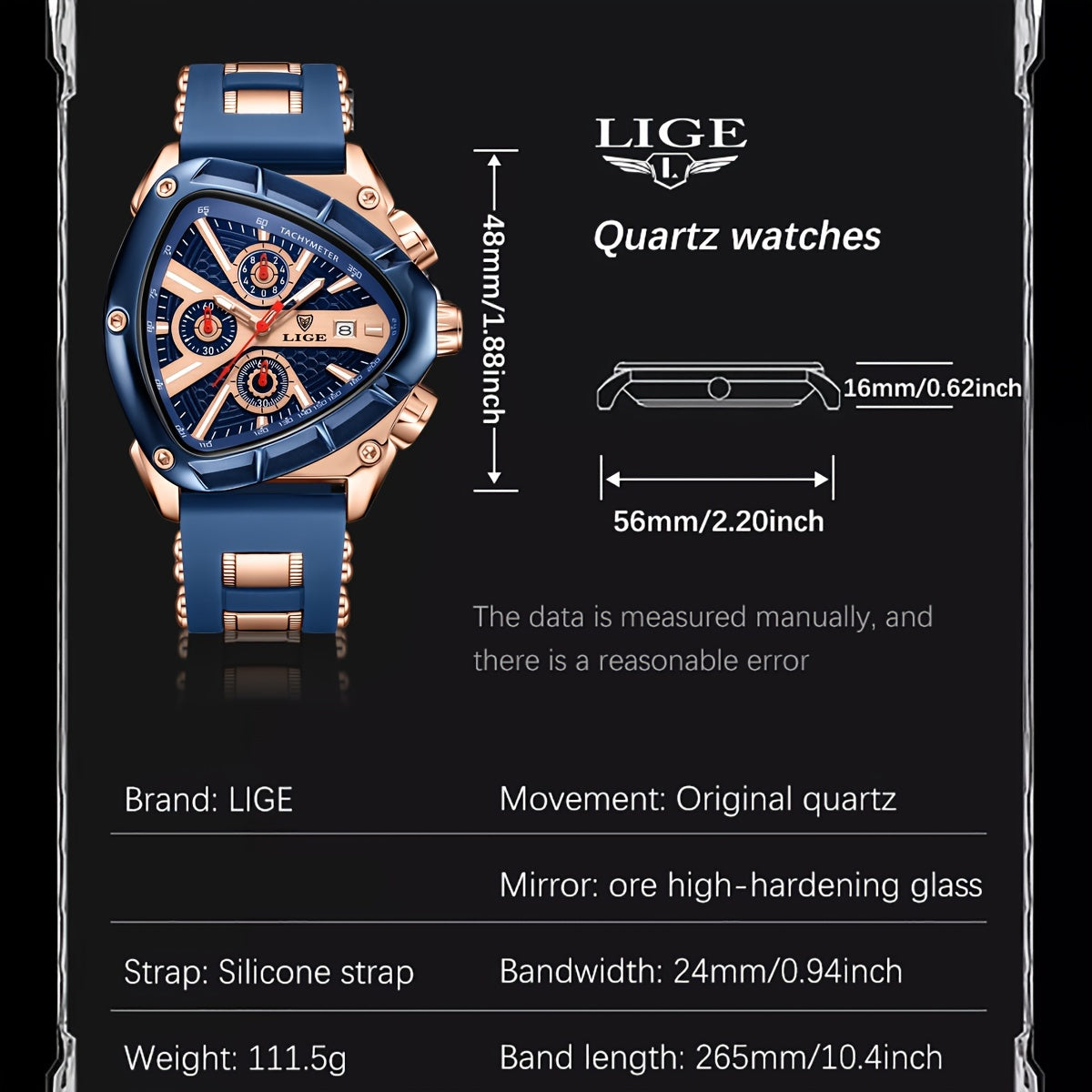 LIGE Men's Luxury Sports Watch - Luminous, Fashionable Triangle Design with Silicone Strap, 30m Water-Resistant Quartz Movement