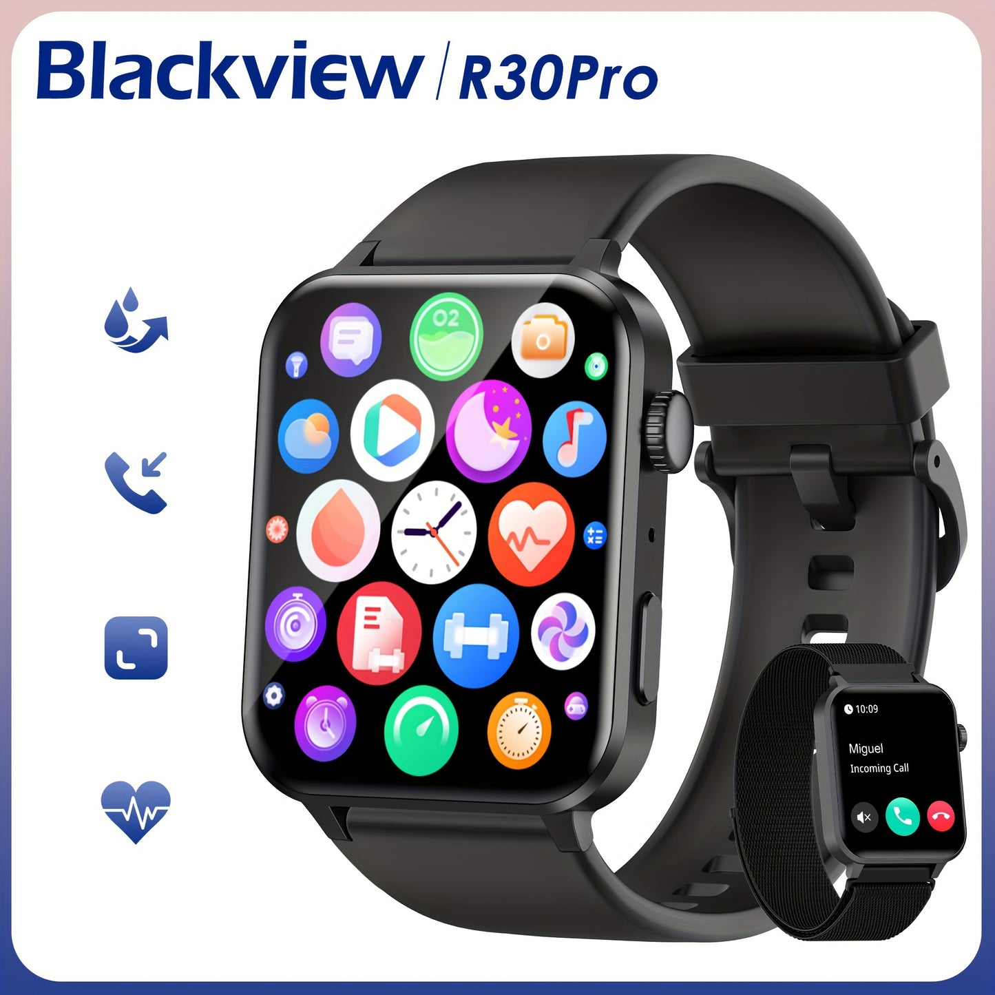 Blackview R30Pro Wireless Calling (Answer/Make Call) Smart Watch for men women, 100+ Sport Mode, Health monitoring, calorie, pedometer, Custom Wallpaper, For IPhone/Andriod