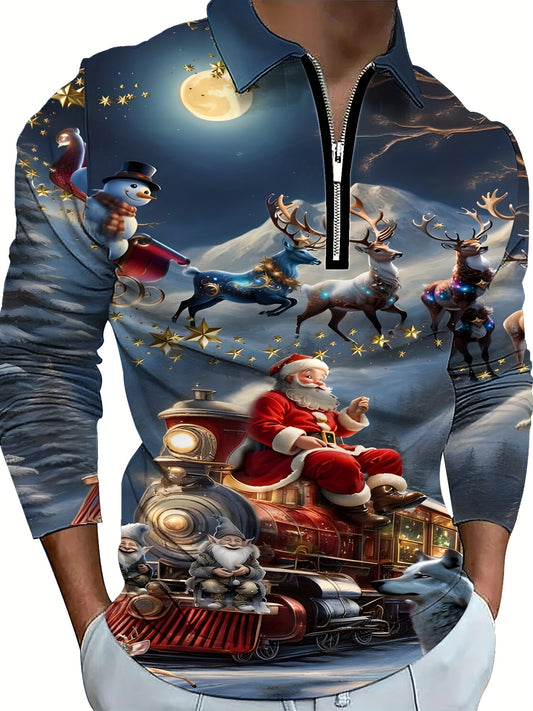 Men's Plus Size Casual Fashion Shirt with 3D Cartoon Print - Long Sleeve, Zip-Up, Perfect for Golf & Outdoor Activities, Fall/Winter Streetwear, PLUS SIZE