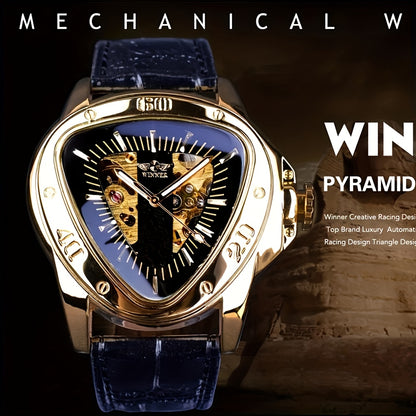 1pc T-WINNER Men'S Steampunk Mechanical Watch - Sporty Triangle Dial, Skeleton Hands, Hollow Design, Stainless Steel Case, Faux Leather Strap, Non-Waterproof, Pointer Display, Vintage-Inspired Cool Wristwatch, Without Battery