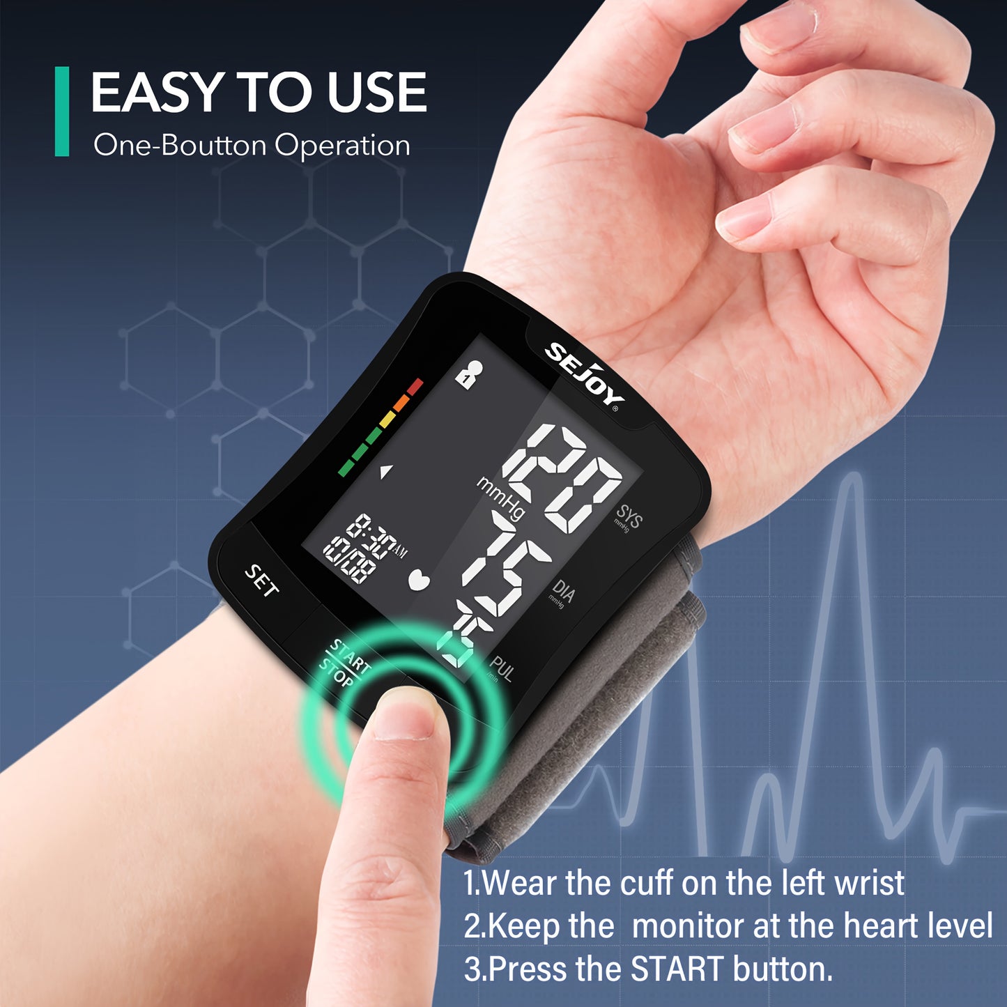 SEJOY Wrist Blood Pressure Monitor Bp Monitor Large LCD Display Blood Pressure Machine Adjustable Wrist Cuff 13.49-19.51cm Automatic 60x2 Sets Memory With Carrying Case For Home Use For Home Use