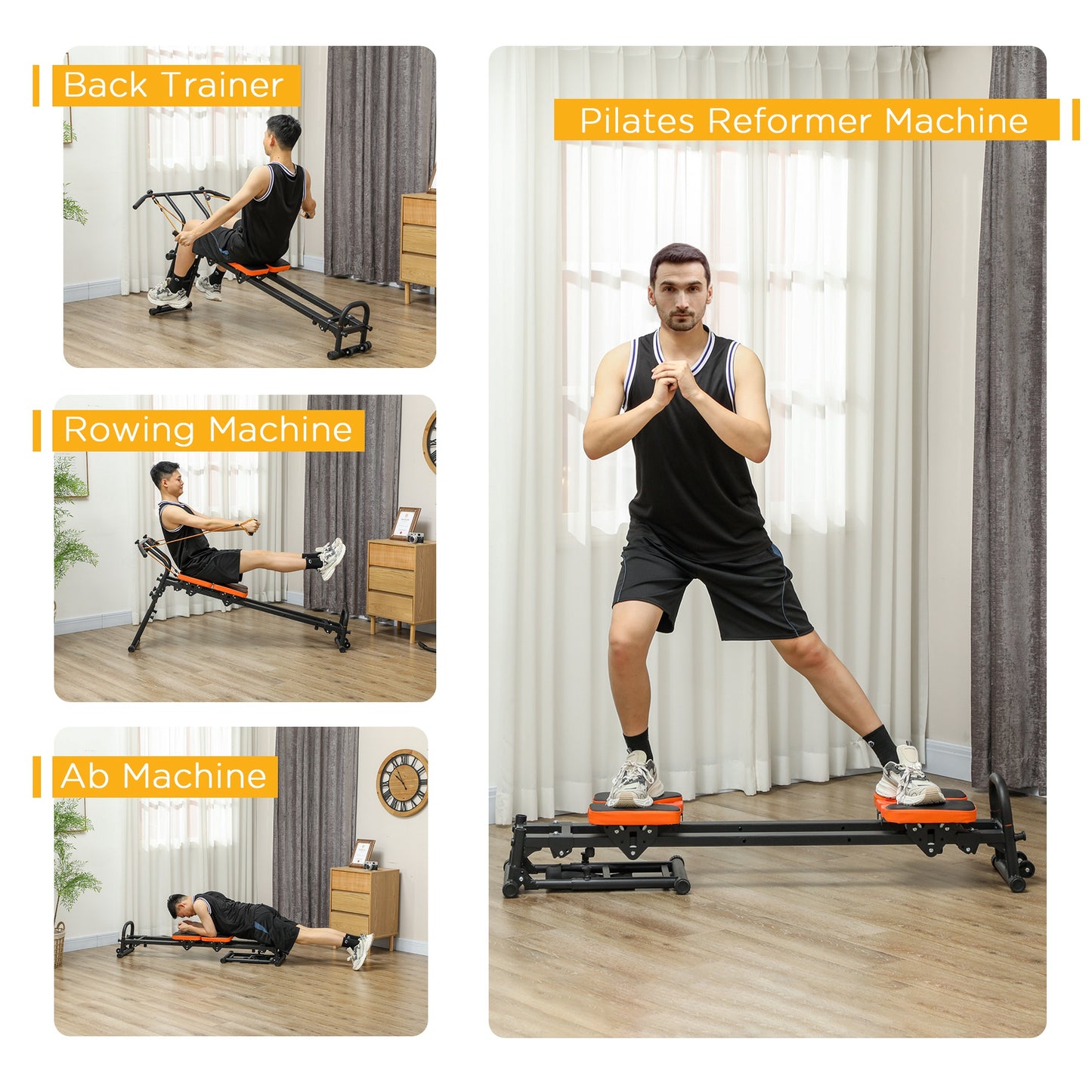 Multifunctional Home Gym Equipment, Flat or Incline, Reformer Pilates Machine, Ab Machine, Rower, with Adjustable Push Up Bar