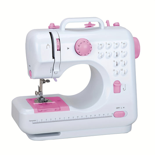 12 Built-in Stitches Portable Mini Electric Sewing Machine Pink Button, Double Thread, Double Speed Backstitch for Beginners