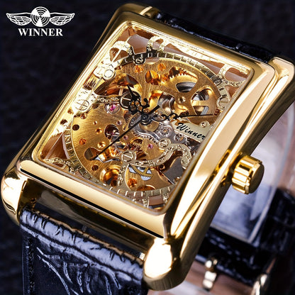 T-WINNER Luxury Men's Mechanical Watch - Retro Hollow Skeleton Design with Golden-Tone Finish, Square Dial, Faux Leather Strap, Non-