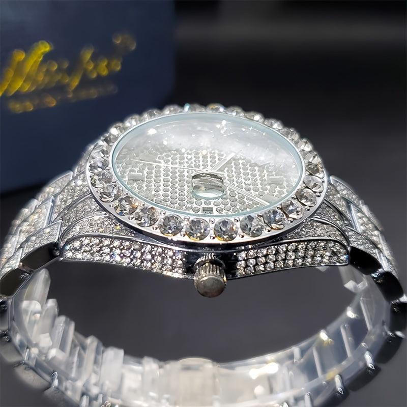 MISSFOX Luxury Men's Quartz Watch with Luminous Hands, Iced-Out Rhinestones & Calendar - Hip Hop Rock Style Fashion Wristwatch