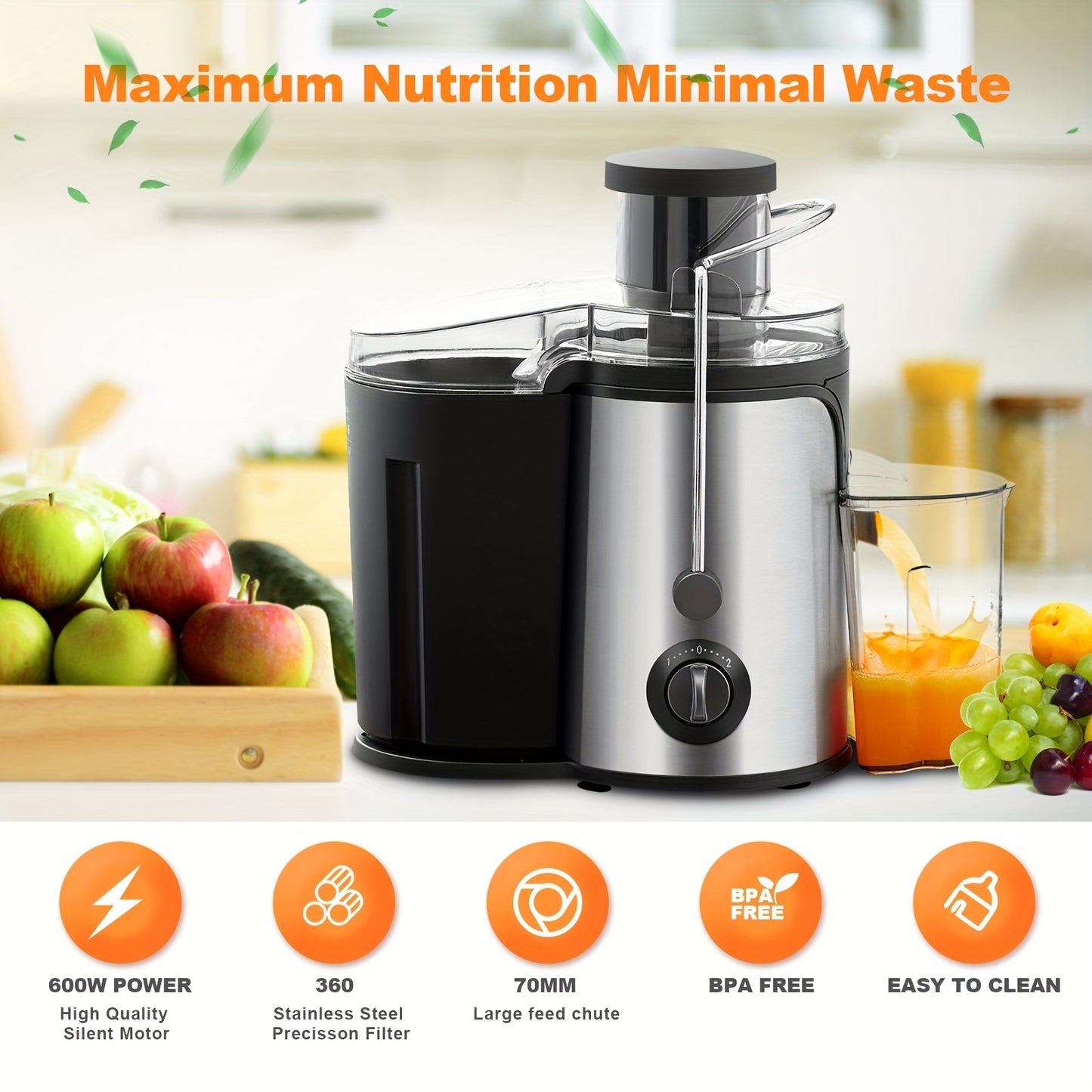 600W High-Power Centrifugal Juicer - Easy Clean, BPA-Free Stainless Steel & ABS, 70mm Wide Mouth for Whole Fruits & Vegetables, Dual Speeds, Perfect for Kitchens & Restaurants