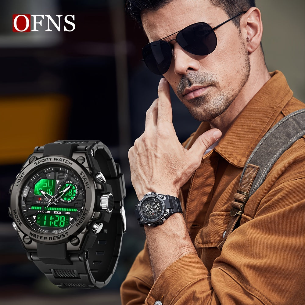 OFNS Men's Digital Sports Watch, Casual Style, 50m Water Resistance, Stopwatch, Alarm, Dual Display, Electronic Quartz Movement, Round Zinc Alloy Case, TPU Strap, Multifunctional Outdoor Waterproof Wristwatch