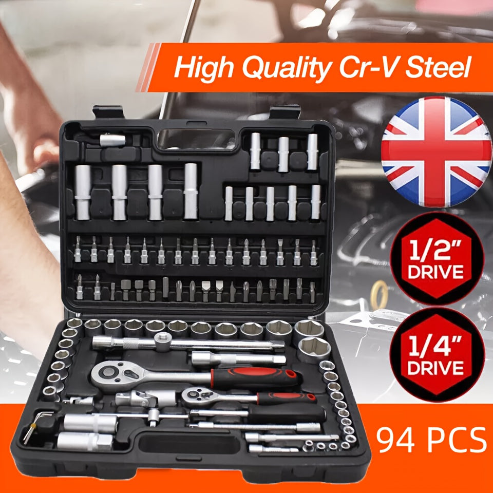 94/108 PCS Auto repair tool kit includes ratchet torque wrench, socket, screwdriver and other common tools set luxurious and strong to meet your needs for cars, bicycles, boats, home appliances and more