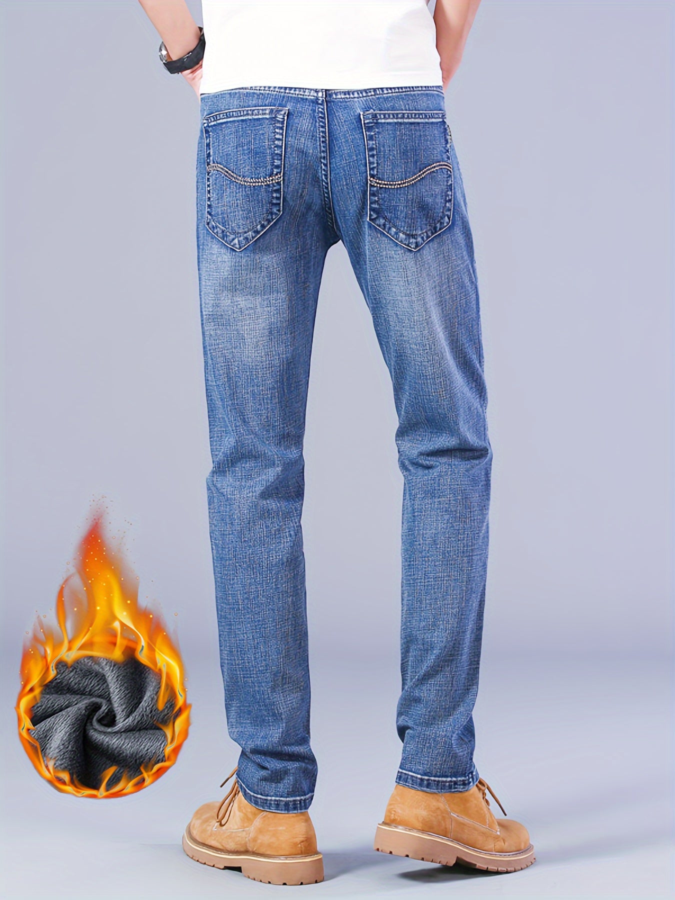 Warm Fleece Straight Leg Jeans For Business, Men's Semi-formal Denim Pants For Fall Winter