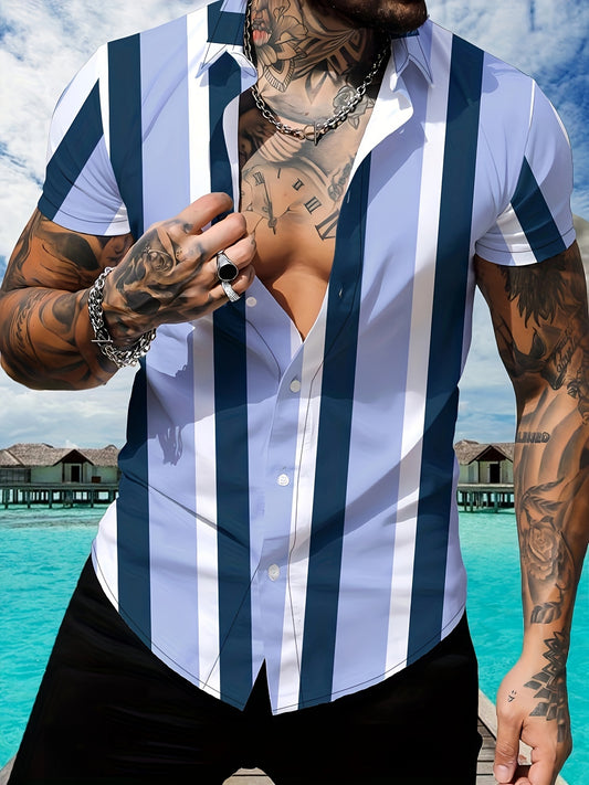 3D Stripe Pattern Print Men's Color Block Short Sleeve Button Up Lapel Shirt For Summer Resort Holiday, Hawaiian Style