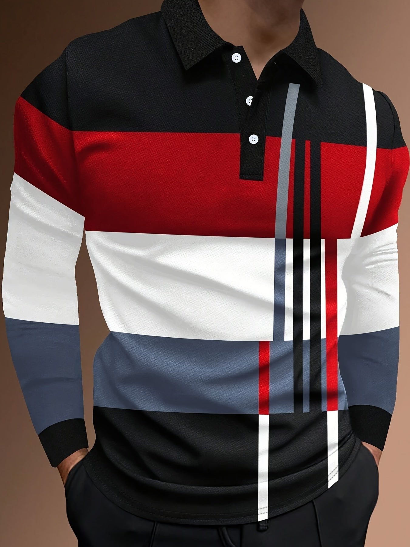 Men's Color Block Striped Shirt - Casual Long Sleeve, Button-Up Collar for Golf & Outdoor Activities