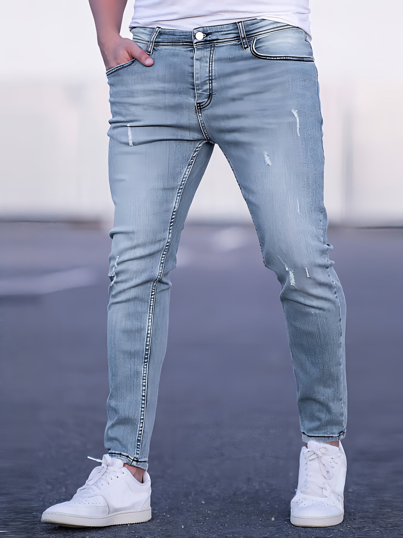 2pcs Men'S Casual Skinny Jeans, Stretch Denim, Solid Color, Washed Details, Regular Length, All-Season Woven Denim Pants