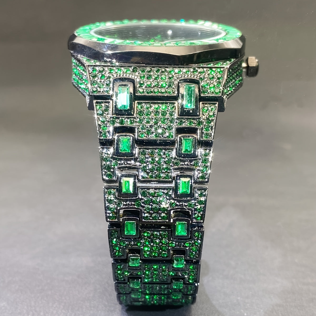 MISS FOX Luxury Hip-Hop Men's Quartz Watch - Fashionable Green Full Rhinestone, Japanese Movement, Zinc Alloy Band