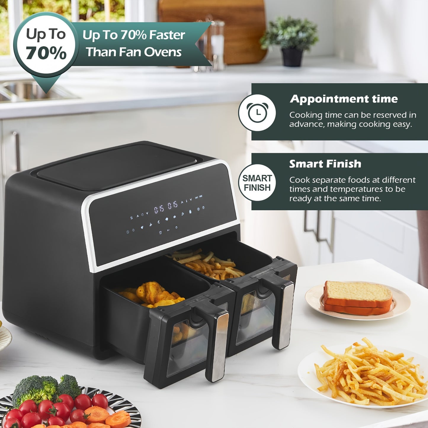 Double Air Fryer, 9L Dual Air Fryer Large Air Fryer For Family, LED Touch Display Air Fryers, Air Fryer Oven With 12 Pre-Set Cooking Programs For Oil Free & Low Fat Healthy Cooking