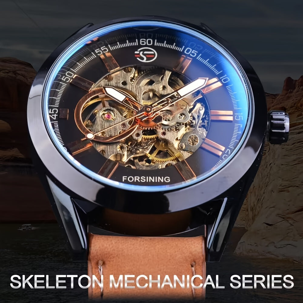 1pc Forsining Men'S Mechanical Skeleton Watch - Casual Style, Hollow Design, Round Stainless Steel Case, Luminous Hands, Faux Leather Strap, Non-Waterproof, Manual Wind, Without Battery