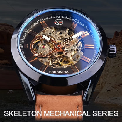 1pc Forsining Men'S Mechanical Skeleton Watch - Casual Style, Hollow Design, Round Stainless Steel Case, Luminous Hands, Faux Leather Strap, Non-Waterproof, Manual Wind, Without Battery