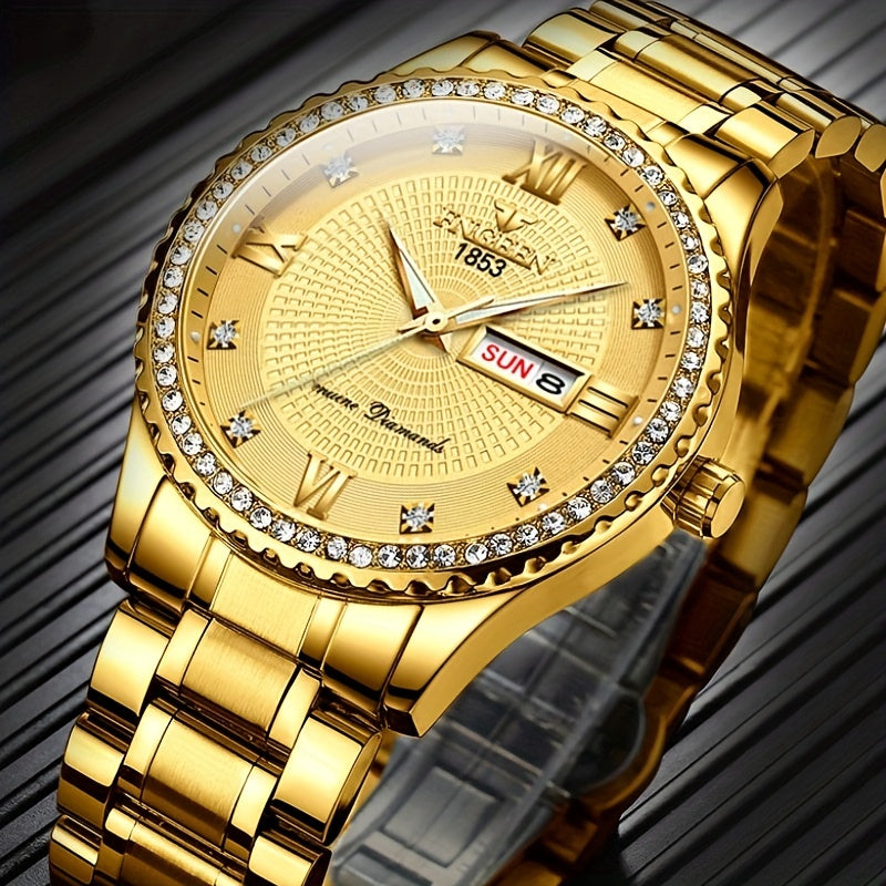 Premium Mens Golden Quartz Watch - Stylish Casual Design with Night-Glowing Dial, Waterproof for All-Weather Wear, Fashion-Forward Timepiece for Trendsetters