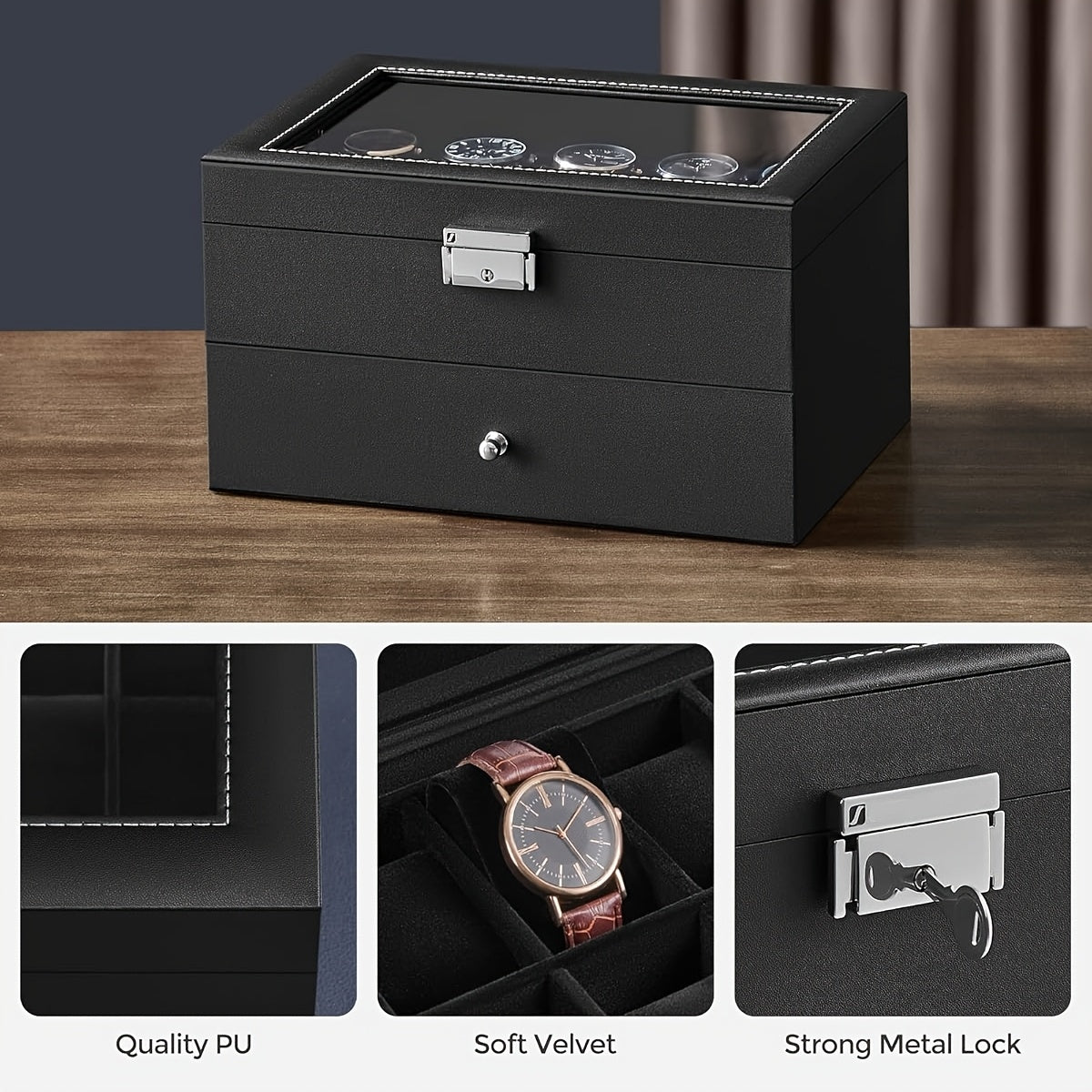 Lockable 2-Tier Watch Box Organizer with Glass Top, 20 Grids, Faux Leather Watch Display Storage Case, Rectangle Tabletop Watch Holder with Drawer for Rings Bracelets, Classic Style, Button Closure, Jewelry Boxes