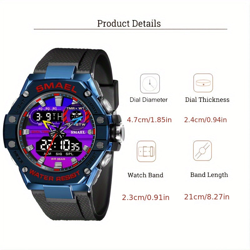 1pc SMAEL Men'S Multifunctional Digital Watch, Dual Display, Shockproof, Sports Electronic Watch with Glow Function, Alloy Case, TPU Strap, Water Resistant, Battery Powered for Teens and Adults - Business Style