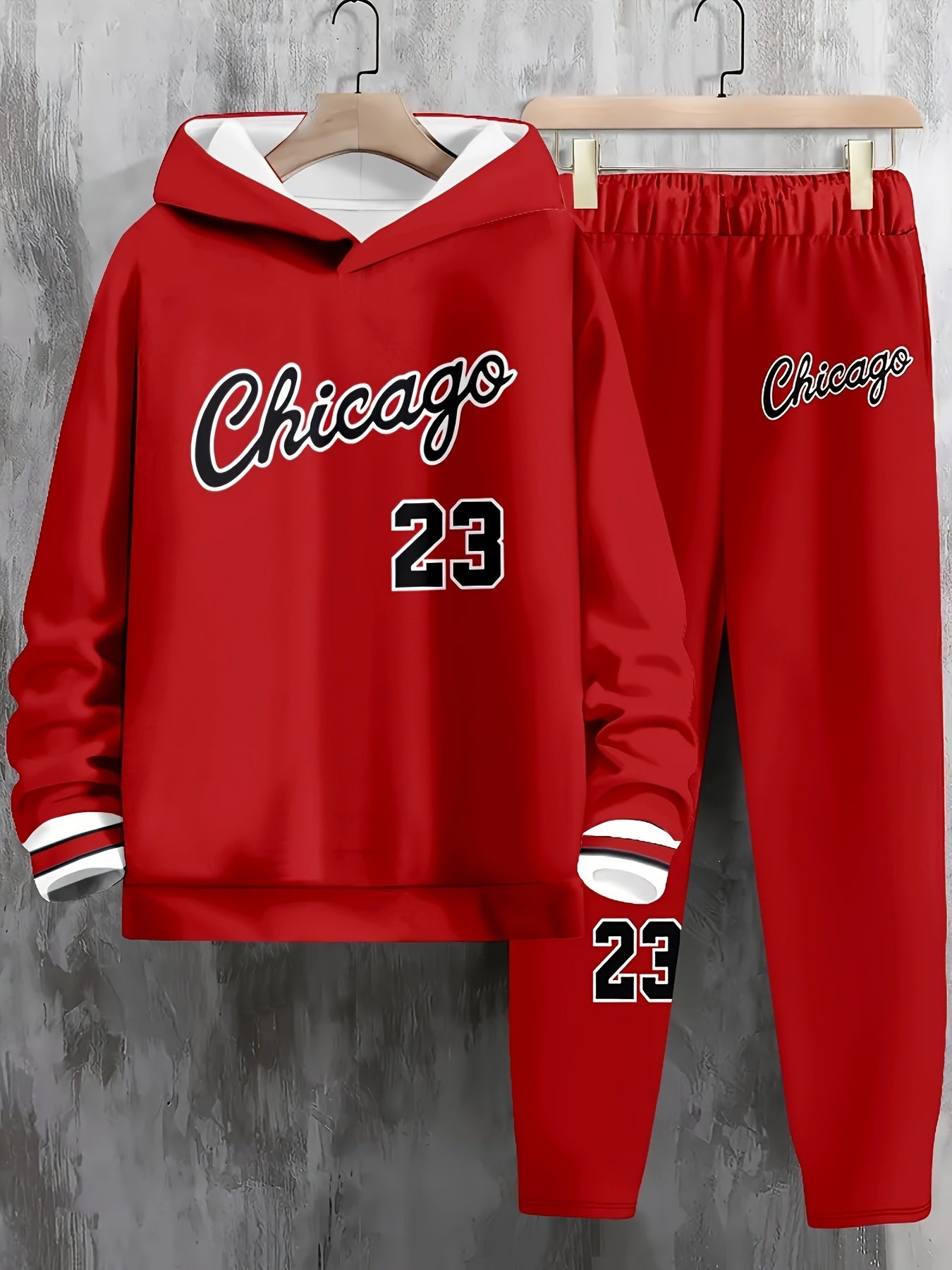 Men's Chicago 23 Hoodie and Pants Set, Casual Polyester Athletic Outfit, Long Sleeve, No Belt, Regular Fit, Spring/Autumn Season, Knit Fabric, Sports Apparel