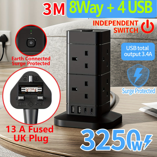 3M 13A 8 Way Tower Extension Lead with Surge Protection, 2 Type C, 2 USB Ports, Hotimy Multi Plug Extension Lead Black 3 Meters Extension Cord for Home, Office