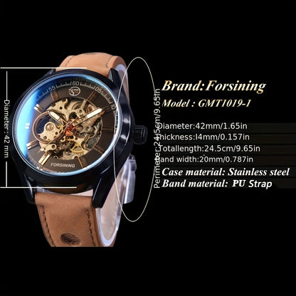 1pc Forsining Men'S Mechanical Skeleton Watch - Casual Style, Hollow Design, Round Stainless Steel Case, Luminous Hands, Faux Leather Strap, Non-Waterproof, Manual Wind, Without Battery