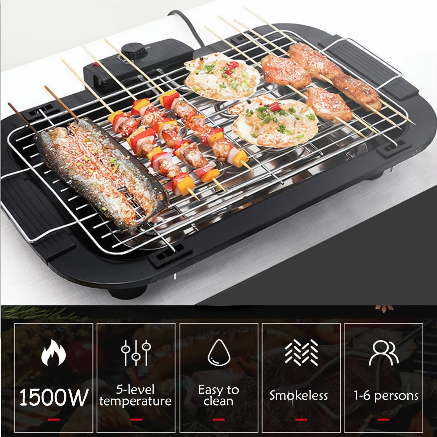 DayPlus Electric Smokeless Grill, 1500W Electric Indoor BBQ Barbecue Grill, Large Capacity Household Electric Cooking Gril Non-Stick Hotplate Grill With Adjustable Temperature & Drip Tray For Indoor Outdoor