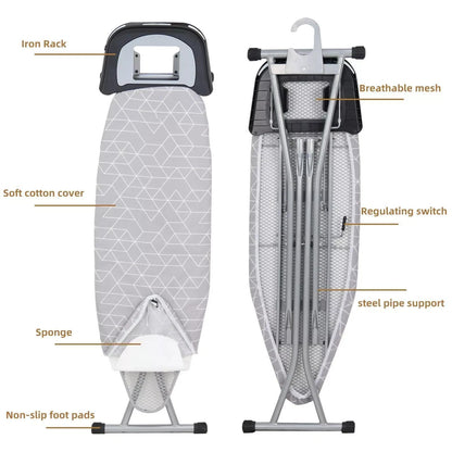 Folding Ironing Board with Iron Rest Adjustable Height Non Slip Feet Strong Frame, Lightweight Collapsible Large Iron Board with Cotton Cover, Easy to Fold Suitable for Small Spaces