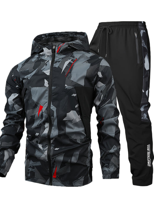 Men's Casual 2-Piece Camouflage Sports Suit, Men's Hooded Zip Up Jacket With Pockets, Breathable Comfy Drawstring Pants