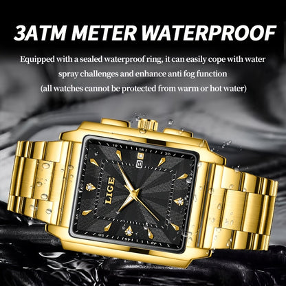 LIGE Men's Watches Luxury Square Quartz Clock Wrist Watch Original Luminous Sport Business Watch for Men