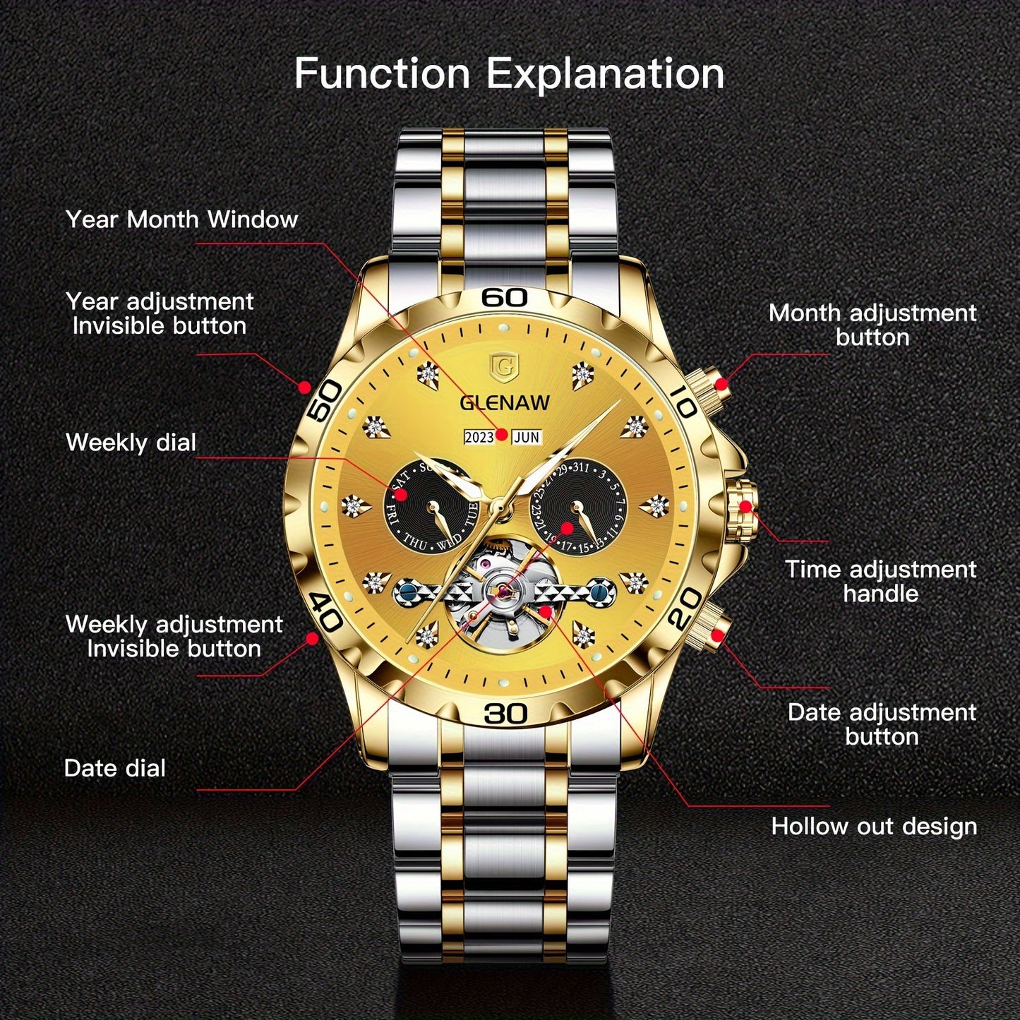 Glittering Mens Automatic Watch - Stainless Steel Rhinestone Strap with See-Through Skeleton Dial - Automatic Winding Mechanical Movement Showcasing Day, Date, Month, and Year - A Distinguished Gift for Him - Premium Luxury Timepiece