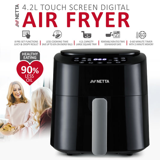 NETTA Digital Air Fryer Digital Screen, Adjustable Temperature and Timer, Drawer and Detachable Non-Stick Frying Tray - Healthier Oil-Free Cooking at Home