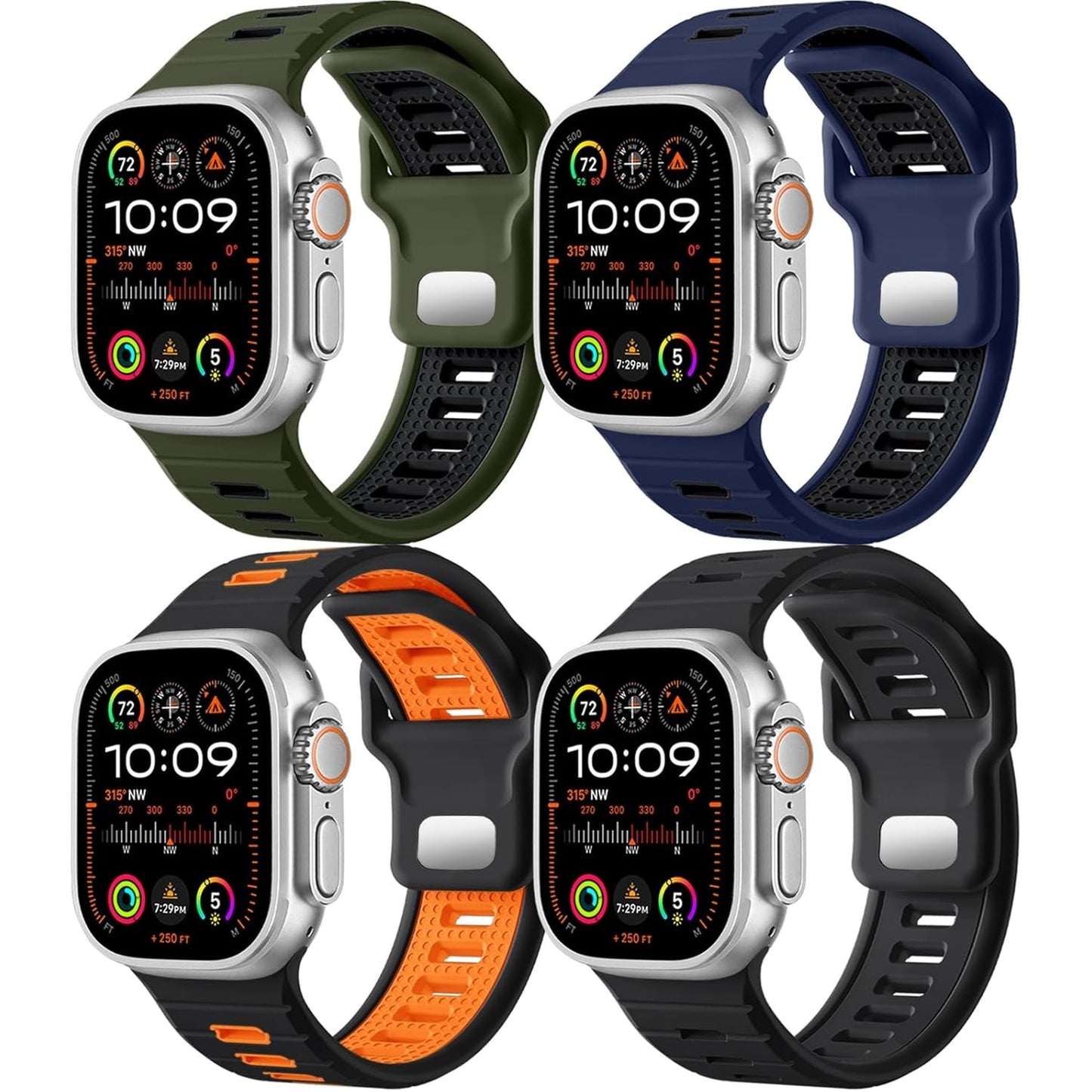 4pcs Men's Silicone Sport Bands for iWatch Ultra 2/Ultra - Compatible with 49mm, 46mm, 45mm, 44mm, 42mm Models - Stylish Loop Strap for Series SE & 10-1