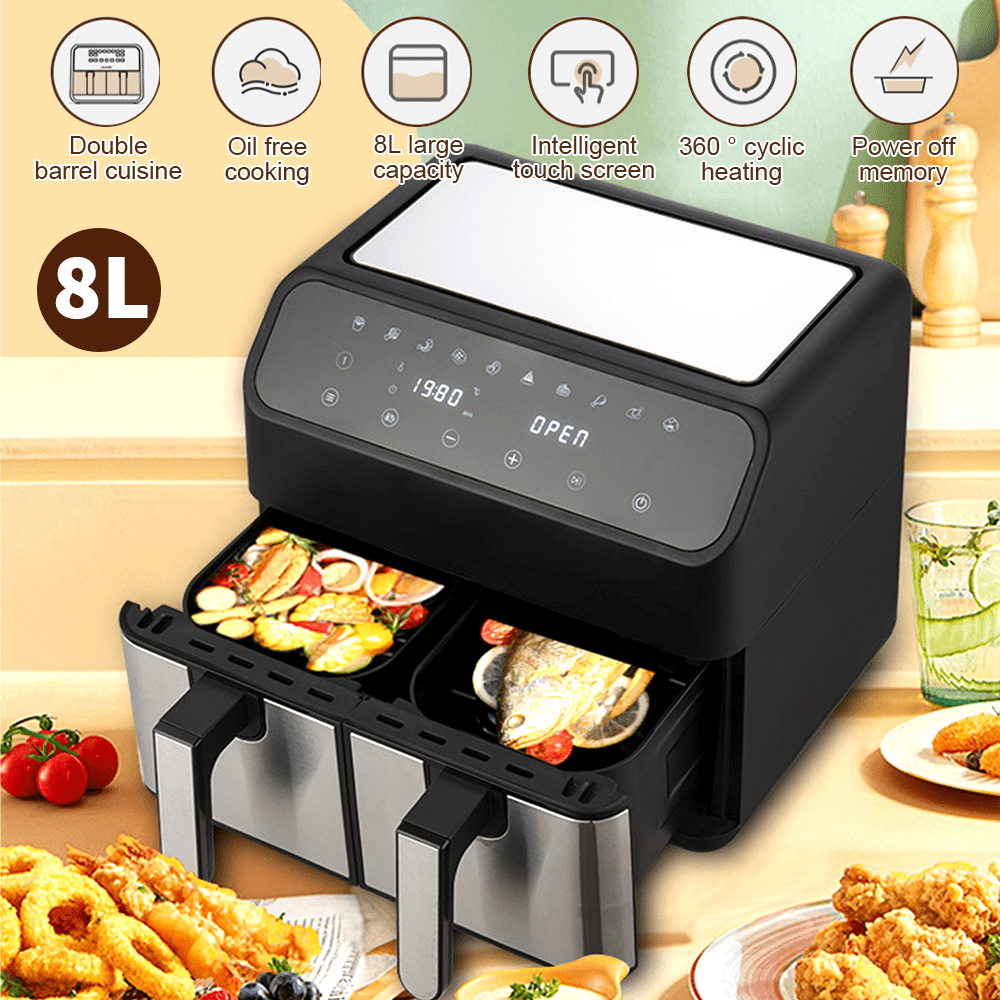 A Set 8L Large Capacity Dual Zone Digital Air Fryer Oven Cooker-Oil-Free Low-Fat Healthy Cooking Multi-Functional Easy-To-Use Space-Saving Design