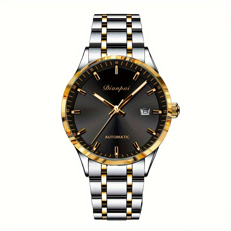 1pc Dianpai Men'S Automatic Mechanical Watch - Business Style, Glow Details, Stainless Steel Round Dial, Date Feature, Pointer Display, Self-Winding Movement, Stainless Steel Strap, Fashionable Gift Watch Without Battery