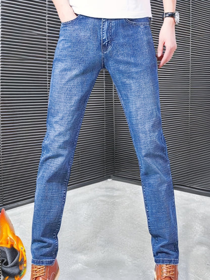 Warm Fleece Straight Leg Jeans For Business, Men's Semi-formal Denim Pants For Fall Winter