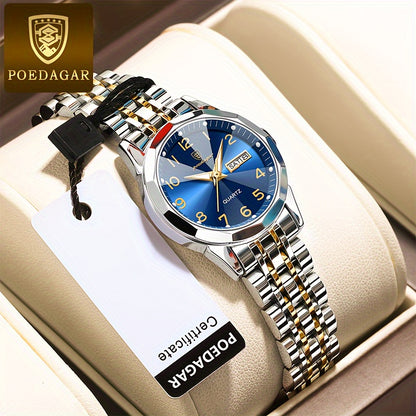 POEDAGAR Women's Dial Cutting Business Quartz Watch Waterproof Luminous Fashion Date Dial Analog Steel Band Wrist Watch