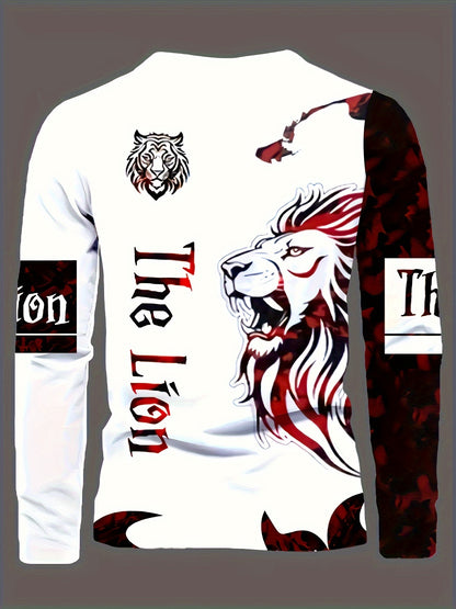 Men'S 3D Printed Lion Graphic Long Sleeve T-Shirt - Casual Sports Top with Polyester Fabric, Knit Weave, Regular Fit for Adult Males - Fashionable Round Neck for Running, Exercise, Outdoor Activities