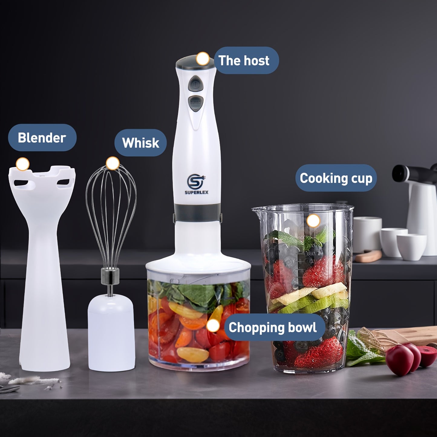 SUPERLEX 4 In 1 Handheld Blender & 2 Speed Control And Turbo Setting, 700W Immersion Blender With Whisk, 700ML Measuring Mug, 500ML Chopper, BPA Free, Food Processor