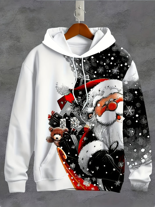 1pc Festive Christmas Print Hoodie for Men - Cute Santa Claus and Reindeer All-Over Pattern, Polyester Knit Fabric with Slight Stretch, Regular Fit Hooded Sweatshirt, Party Style Tops, 200gsm, Plus Size