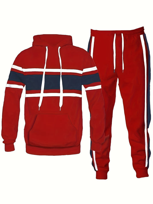 Men'S Casual Fashion Hooded Sweatsuit Set - Polyester Tracksuit with Stripe Detail, Hooded Pullover and Drawstring Pants, Knit Fabric, Regular Fit for Spring/Fall - (Top + Pants)