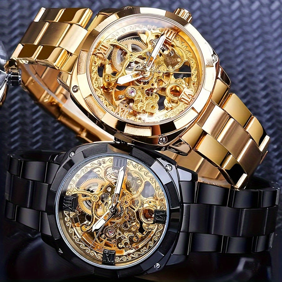 F0RSINING Men's Skeleton Automatic Watch - Stainless Steel Band, Mechanical Movement with Pointer Display & Round Case