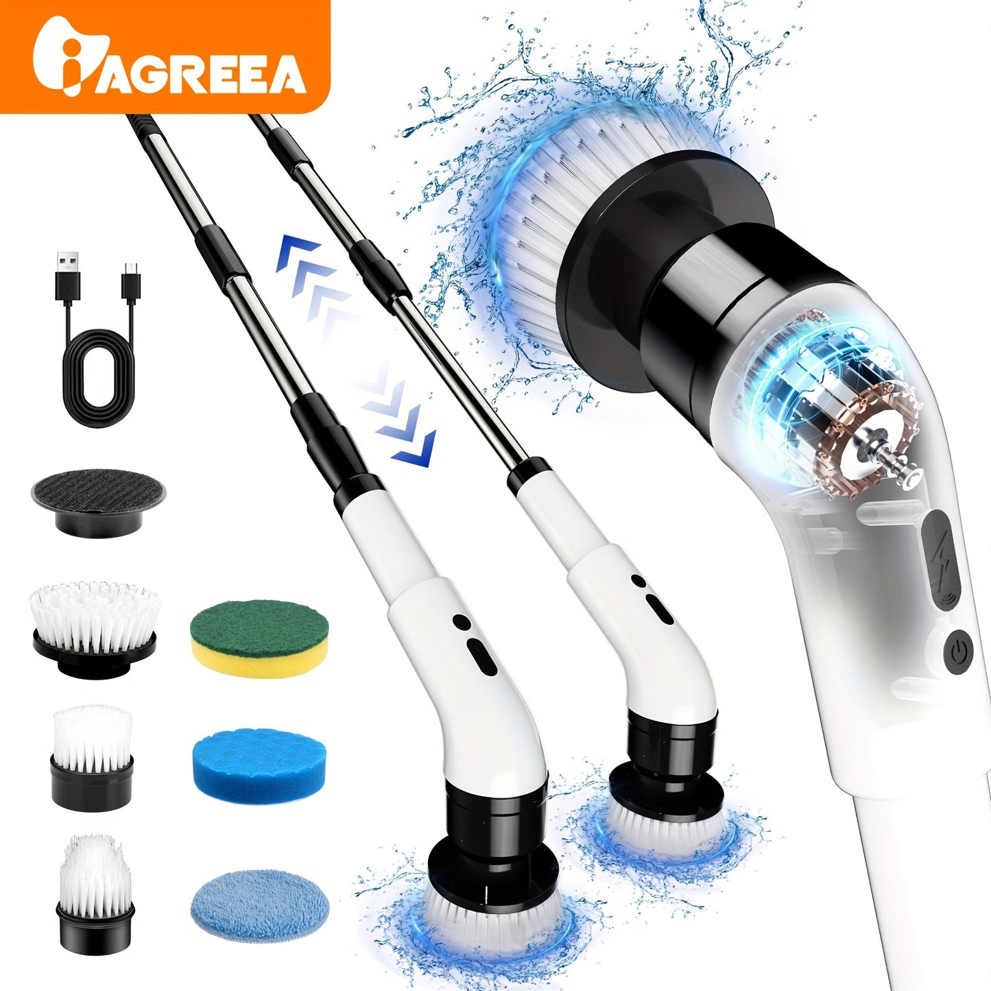 IAGREEA Electric Spin Scrubber, Cordless Cleaning Brush with Adjustable Extension Handle & 3 Speeds, Swivel Head with 9/6 Interchangeable Brush Heads, Medium Firmness for Tiles, Bathtub, Sink, Walls, Bathroom, USB Rechargeable Lithium Battery