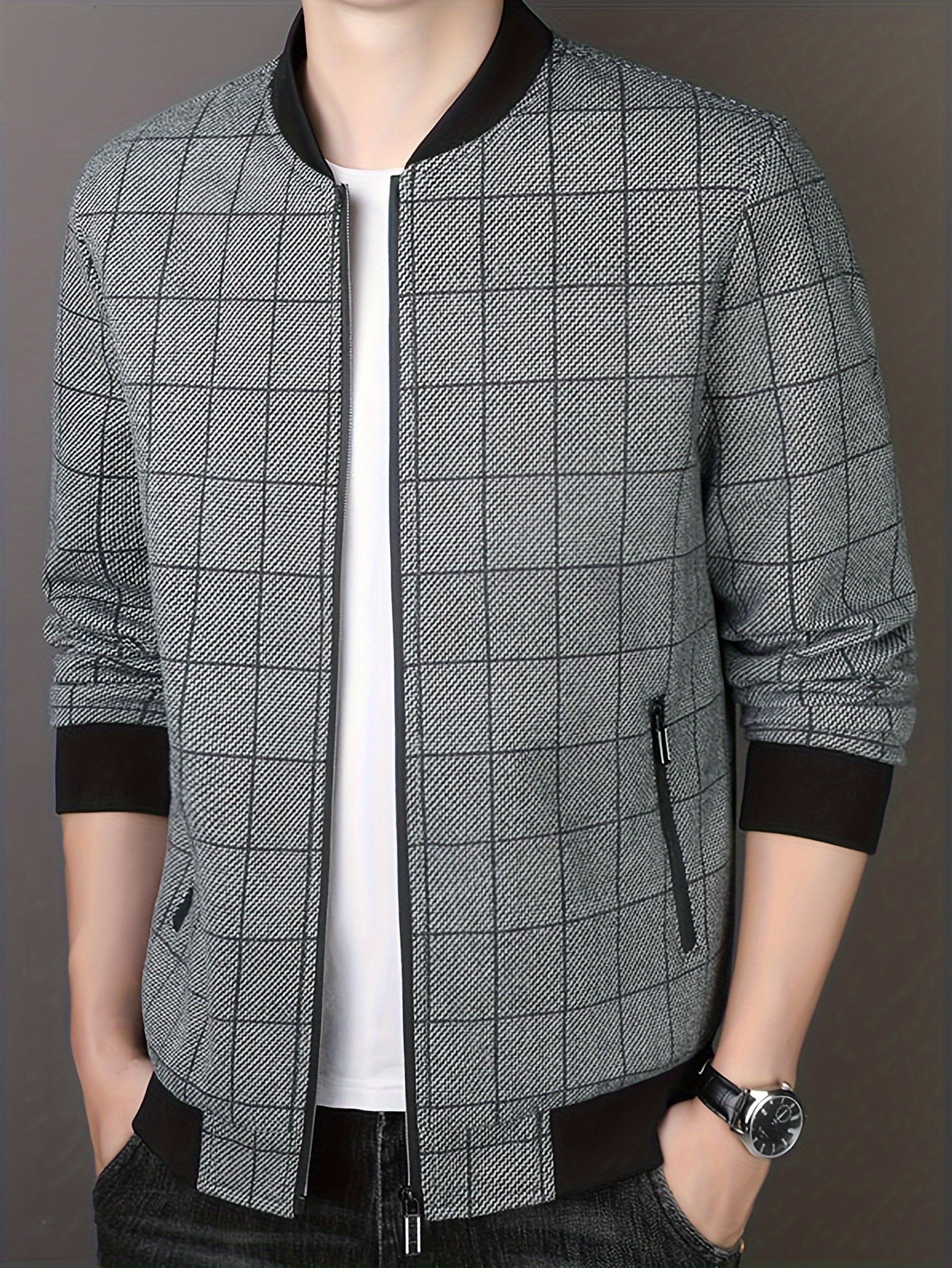 Stylish Men's Plaid Baseball Collar Jacket