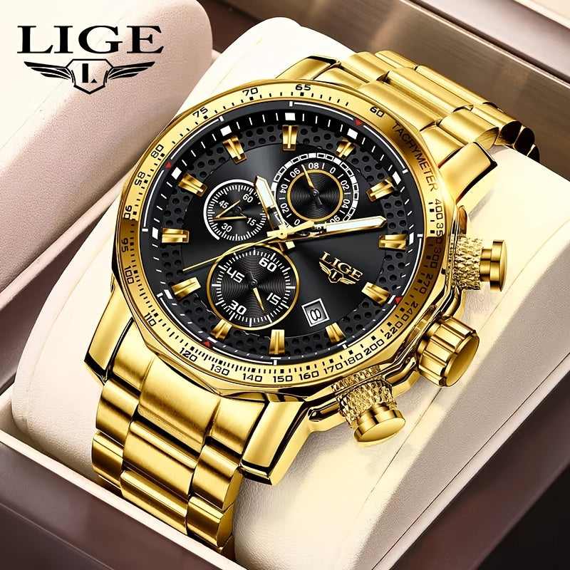 1pc LIGE Men'S Luxury Stainless Steel Chronograph Watch, Sport Style Quartz Movement, Glitter Accents, Battery Powered with Button Cell, Alloy Case